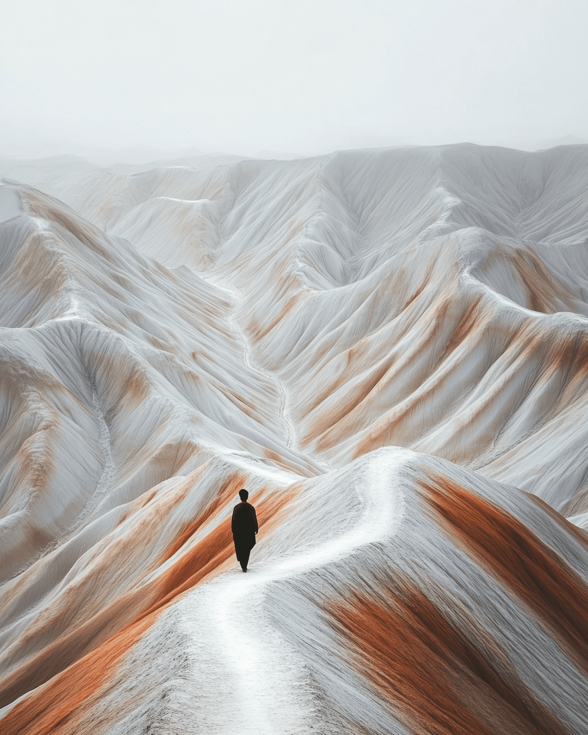 A lone figure walking a ridge line between pale and rust-coloured hills