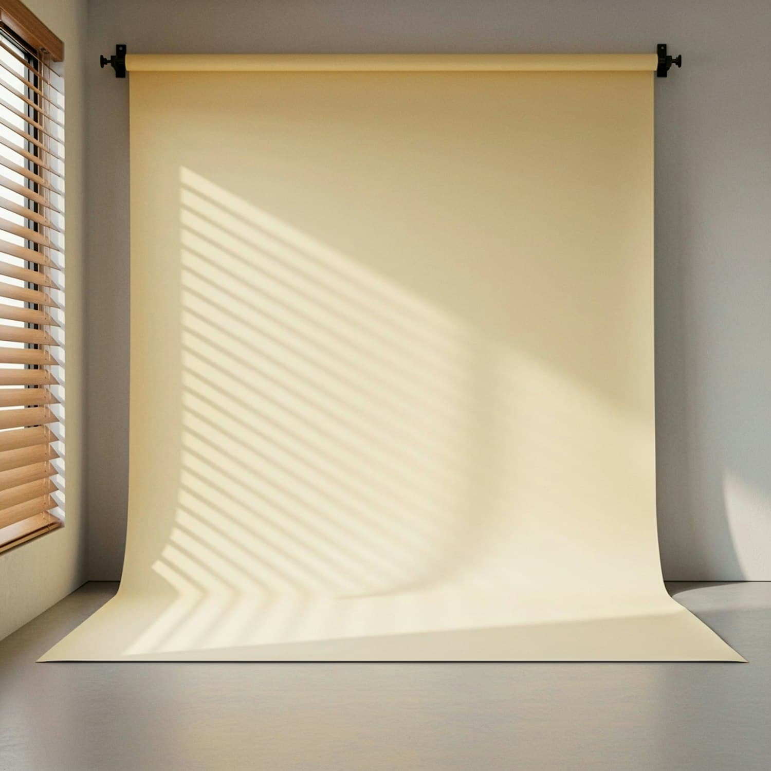 Low sun through slatted blinds falling across an empty studio wall